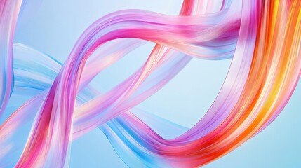 Fototapeta premium Dynamic swirling ribbons in pink, blue, and orange create flowing motion on a light blue abstract background. No people.