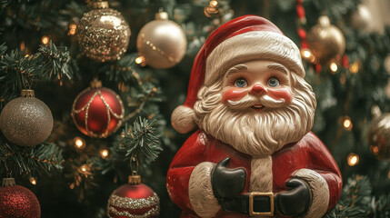 Festive Santa Claus ornament surrounded by decorated Christmas tree, sparkling holiday atmosphere, Christmas decor concept
