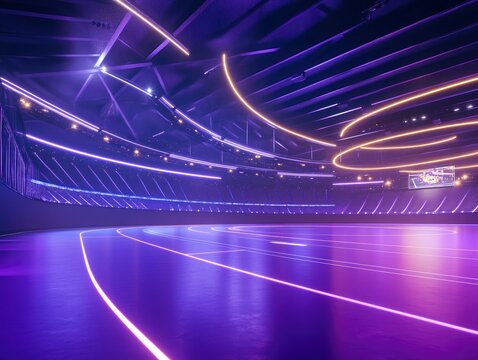 A futuristic sports arena illuminated with Purple Basil lighting - Powered by Adobe