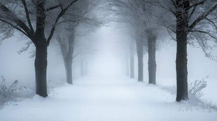 Snowy tree-lined path leading through winter forest shrouded in fog, tranquil landscape concept