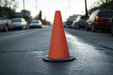Orange Traffic Cone on Wet Asphalt Road