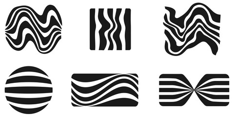 Striped Wavy Elements Set, Dynamic Retro Shape, Black, Monochrome, Art Decoration, Groovy, Psychedelic, Futuristic