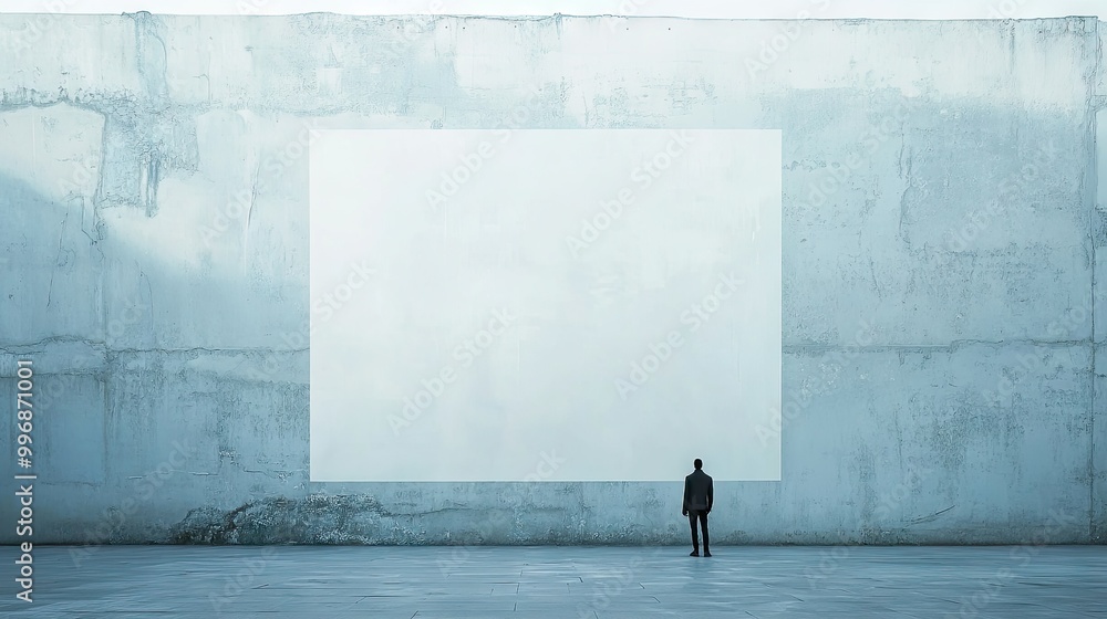 Poster a blank wall with a person standing in front of it, symbolizing uncertainty and providing space for 