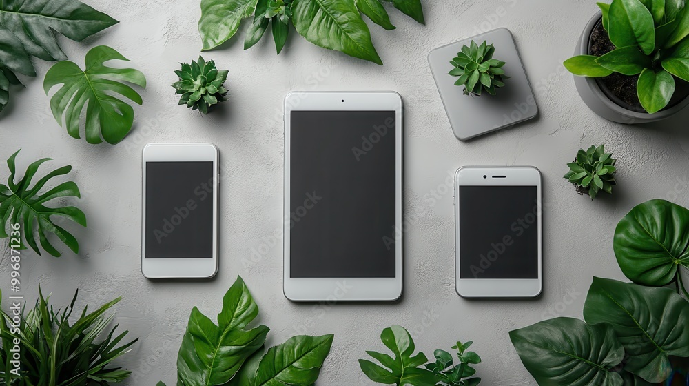 Poster crisp white background with floating tech devices, perfect for modern product displays or digital in