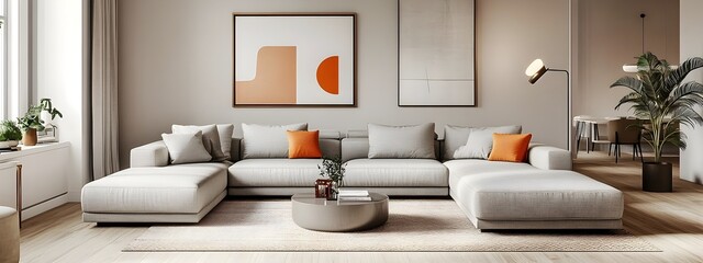 Sophisticated and inviting modern Scandinavian inspired living room with a large comfortable sectional sofa in neutral tones vibrant pops of color warm natural lighting and a clean