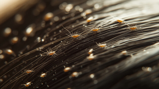 Close-up view of hair infested with head lice, detailed macro photo illustrating parasitic infestation concept