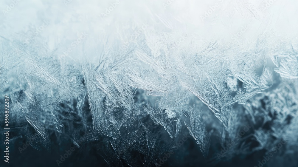 Poster a close-up of a frosty window with icy patterns and an empty background for text.