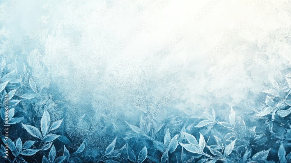 Poster a close-up of a frosty window with icy patterns and an empty background for text.