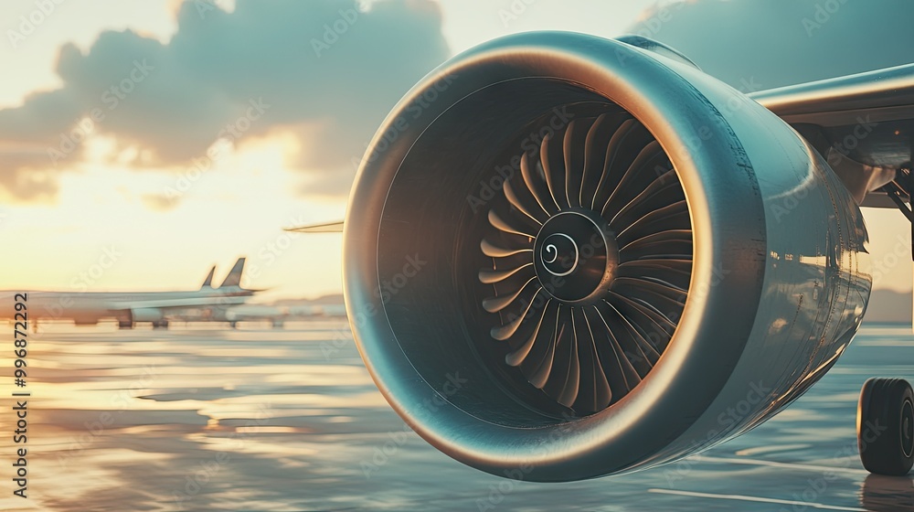 Poster a close-up of a jet engine with a clear sky or airport background for adding text.