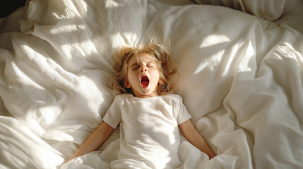 Morning yawn, sleepy child stretching in bed, peaceful waking scene, cozy bedroom, white bedding, morning light, start of the day concept