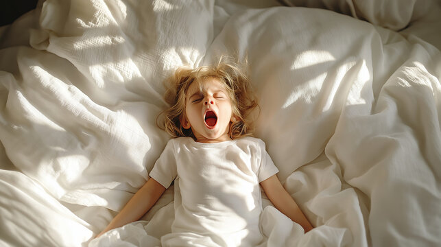 Morning yawn, sleepy child stretching in bed, peaceful waking scene, cozy bedroom, white bedding, morning light, start of the day concept - Powered by Adobe