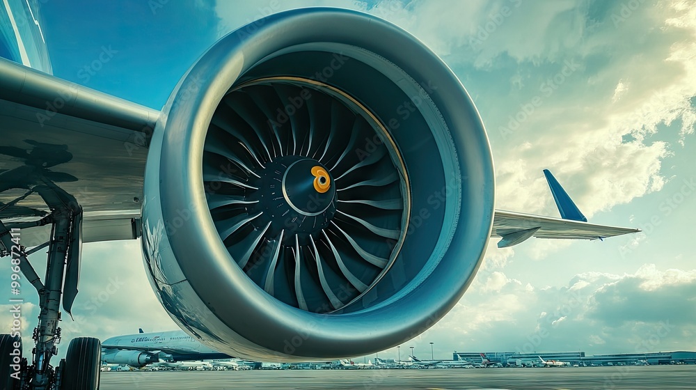 Poster a close-up of a jet engine with a clear sky or airport background for adding text.