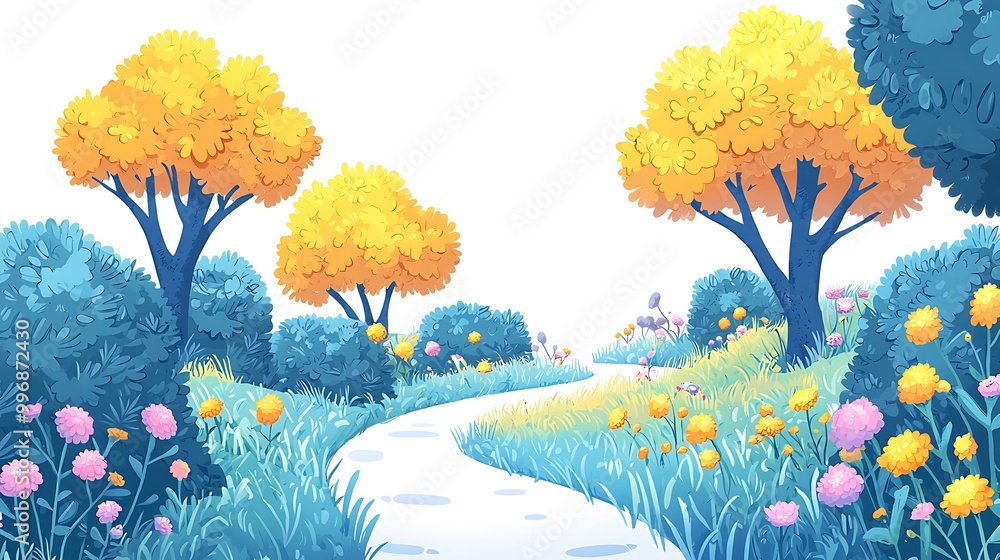 Poster a winding path meanders through a vibrant spring garden, bursting with color and bloom.