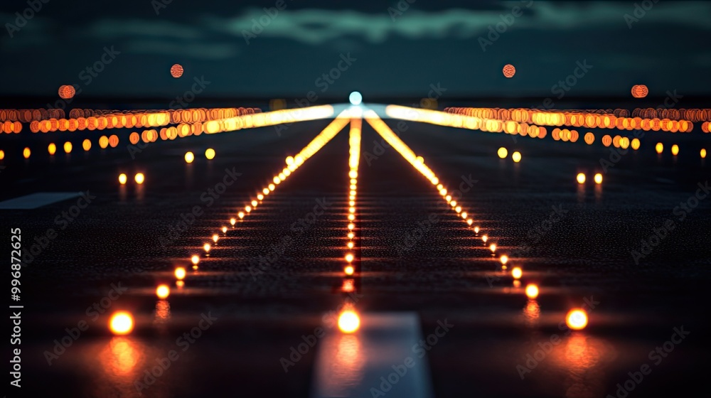 Poster a close-up of airplane landing lights with a clear runway and background for copy.