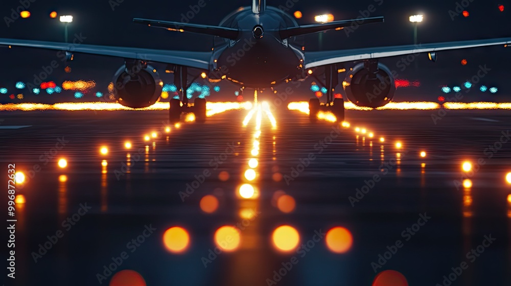 Poster a close-up of airplane landing lights with a clear runway and background for copy.