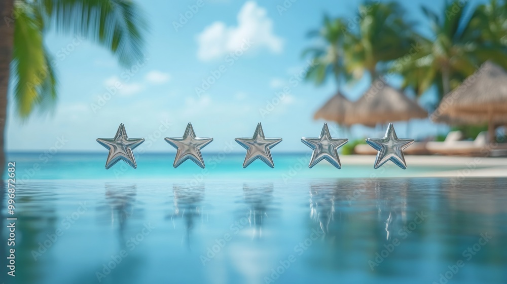 Aufkleber silver stars gently rest on the calm, clear water while palm trees sway in the breeze, and thatched 