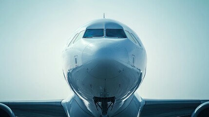 Fototapeta premium A close-up of an airplane nose with a clean sky or airport background for text. -