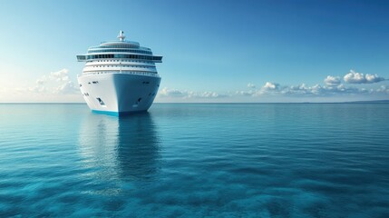 Naklejka premium A cruise ship sailing through calm, turquoise waters, with a clear blue sky providing ample copy space. -