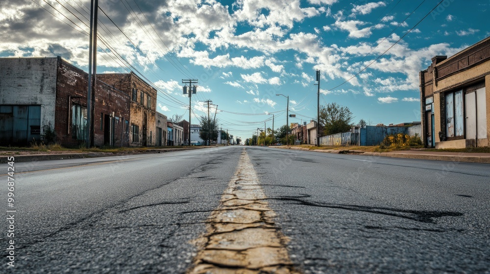 Poster a deserted street with an unclear path ahead, providing space for copy in the open sky.