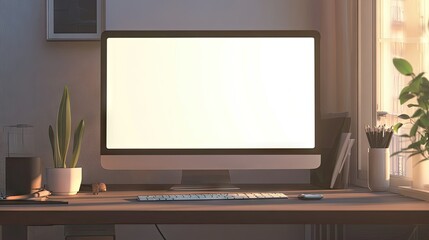 A deserted workspace with a blank monitor and clean desk for adding copy.