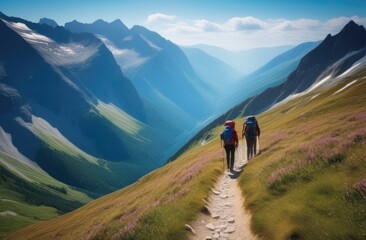 A group of people with backpacks are walking along a mountain ridge overlooking a stunning mountain landscape. Mountain trekking concept.