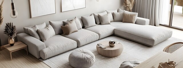 Sophisticated modern living room design featuring a plush L shaped sectional sofa a harmonious neutral color palette