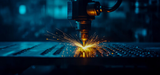 Laser welding machine in action, sparks flying from the laser head to cut a metal plate on a dark background.