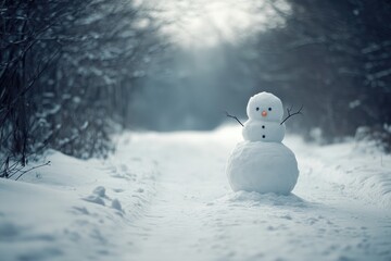 A Snowman Standing Alone on a Snowy Path in a Winter Forest