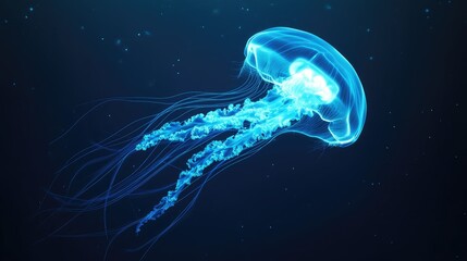 A glowing jellyfish floating in deep blue water, with ample space for text around it.