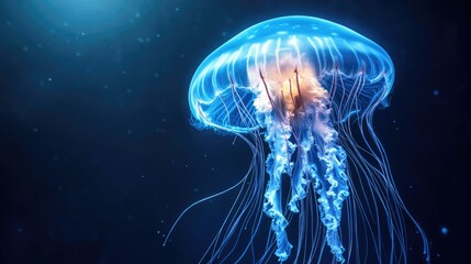A glowing jellyfish floating in deep blue water, with ample space for text around it.