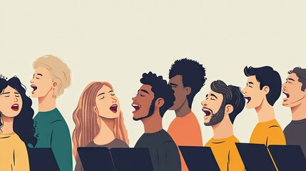 A group of diverse people singing together in harmony, with ample space in the background for text.