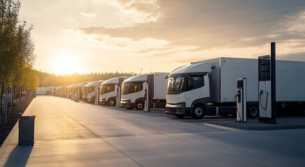 A row of electric trucks charging at the port, showcasing sustainable industrial logistics in action. The vehicles stand next to high-tech charging stations.