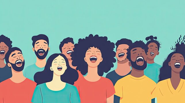 A group of diverse people singing together in harmony, with ample space in the background for text.