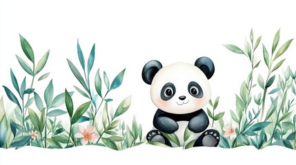 Obraz premium A baby panda with big eyes playfully interacts with bamboo leaves in a whimsical jungle scene