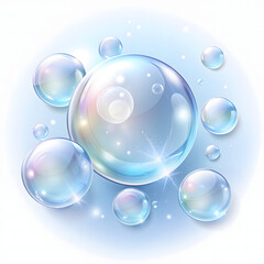 Iridescent soap bubbles floating against soft blue background