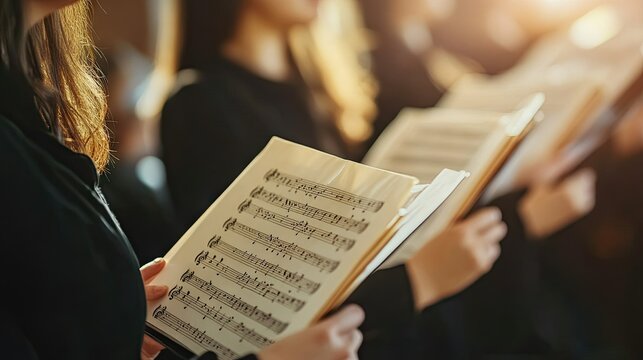 A group of singers holding sheet music with a blank background for text placement.