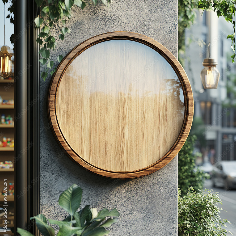 Poster a blank circular store signage design mockup is displayed on textured wall, surrounded by greenery a