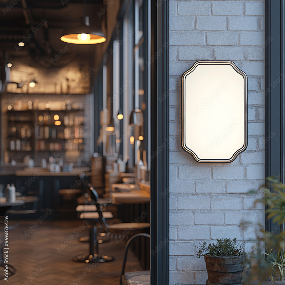 Poster a stylish hexagonal store signage design mockup is displayed on wall in cozy cafe setting, featuring