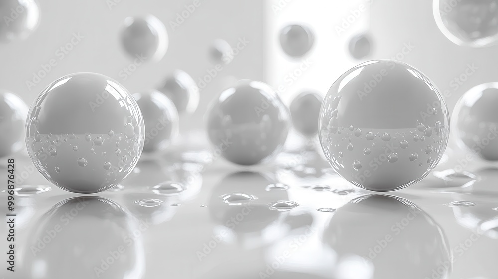 Poster minimalist white background with floating 3d spheres, creating a stylish and abstract visual.