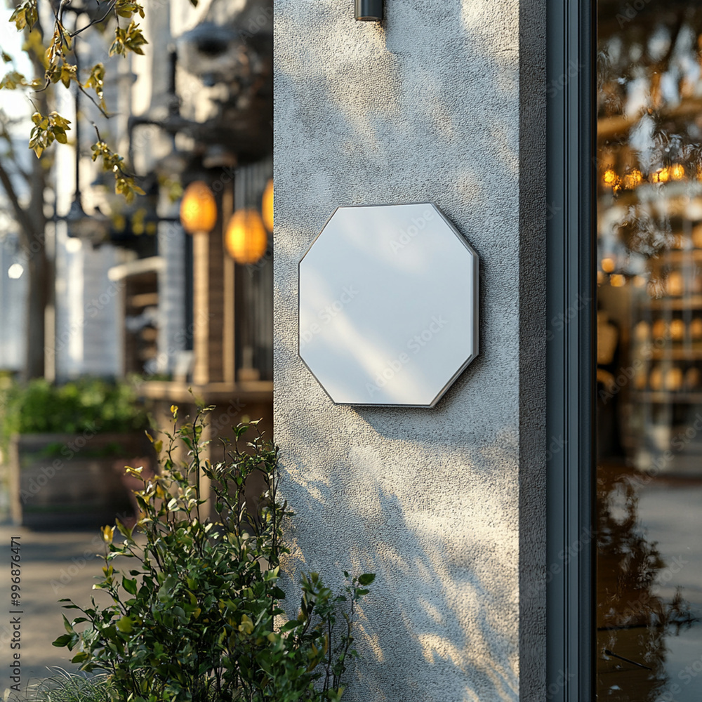 Poster a blank hexagonal store signage design mockup is displayed on textured wall, surrounded by greenery 