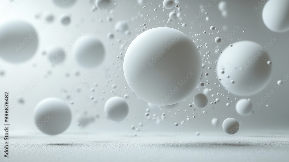 Poster minimalist white background with floating 3d spheres, creating a stylish and abstract visual.