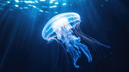 Naklejka premium A jellyfish swimming upward towards the light, with room in the water and sky for text.