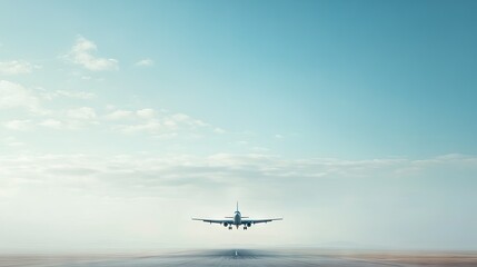 A jet aircraft approaching for landing with a clear horizon for copy space. -
