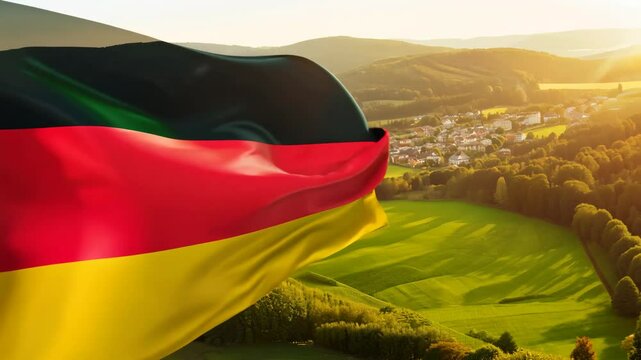 Motion of German national flag on flagpole waving on the sky with beautiful landscape on sunrise. Germany Independence Day, German Unity Day. Patriotic background