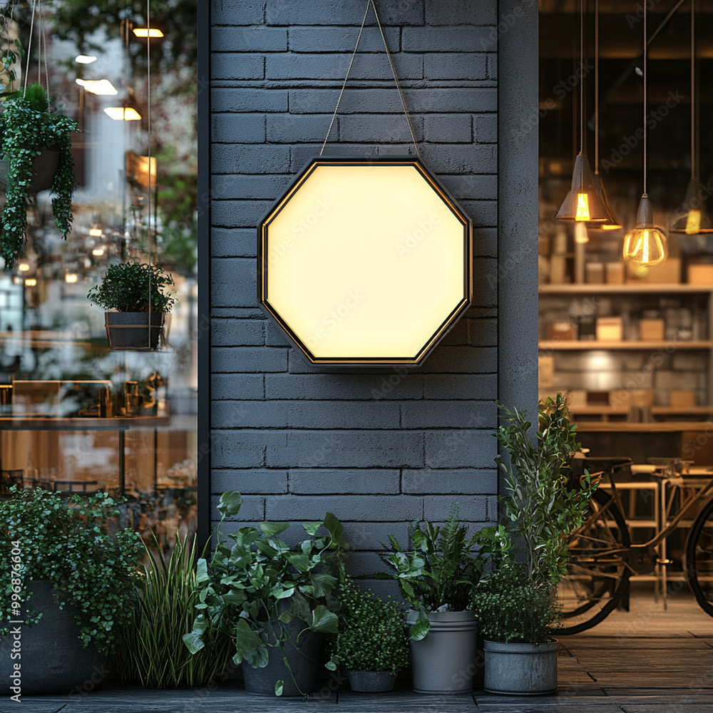 Poster a blank hexagonal store signage design mockup is displayed on brick wall, surrounded by lush greener