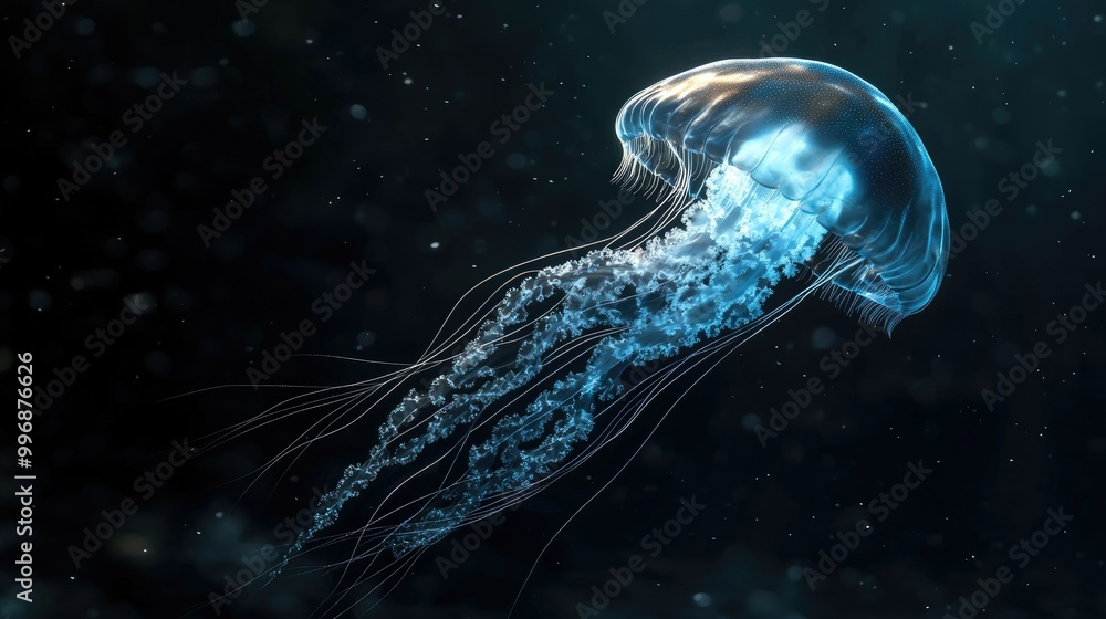 Poster a large jellyfish floating majestically through the sea, with a dark background providing copy space