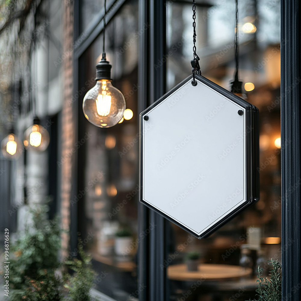 Poster a blank hexagonal store signage design mockup is displayed outside cafe, surrounded by warm hanging 