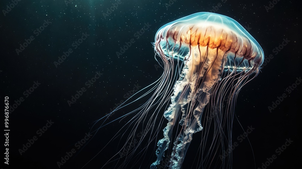 Poster a large jellyfish floating majestically through the sea, with a dark background providing copy space