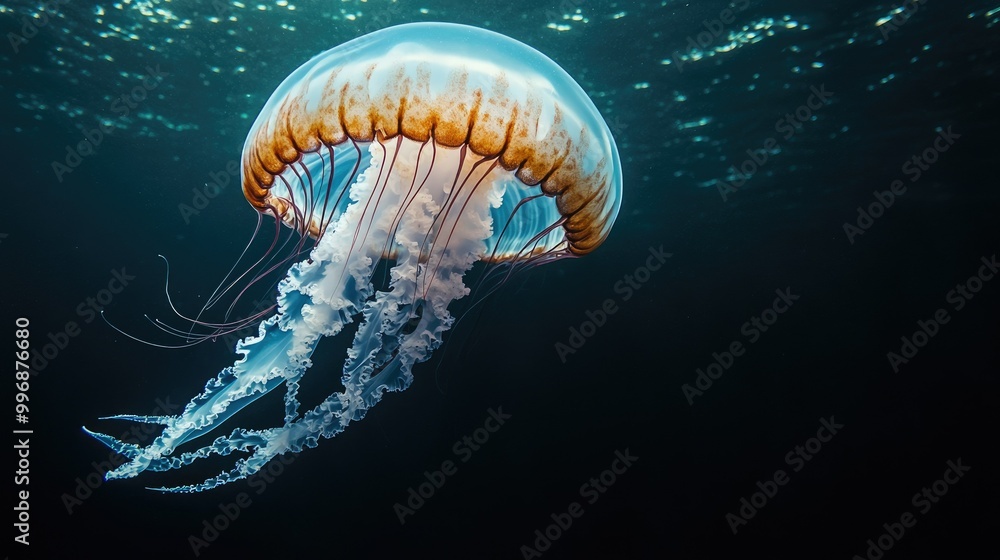 Poster a large jellyfish floating majestically through the sea, with a dark background providing copy space