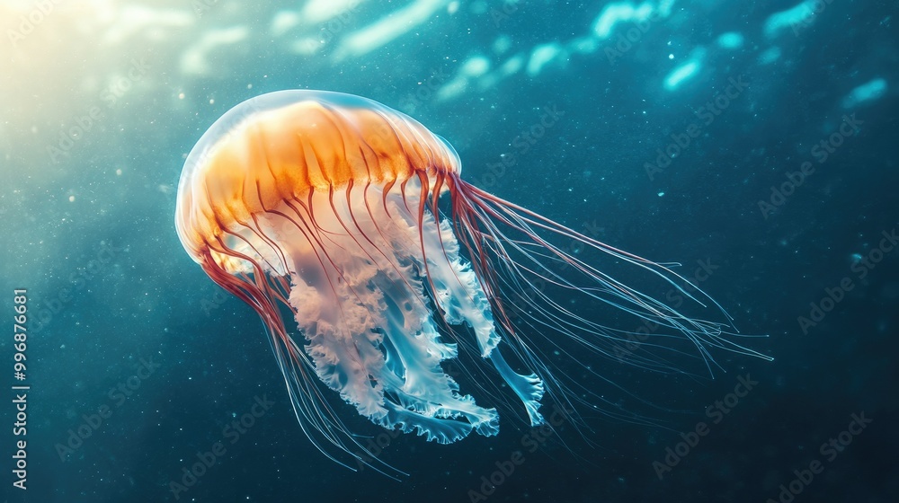 Poster a large jellyfish floating just below the surface, with the open sea providing space for copy.